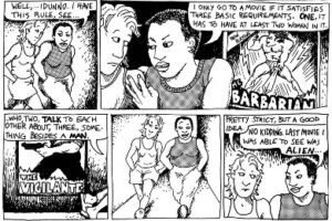 The origin of the bechdel test, a black and white comic strip.